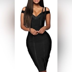 Womens Elegance V-Neck Knee-Length Stretch Chic Midi Bandage Dress - Black